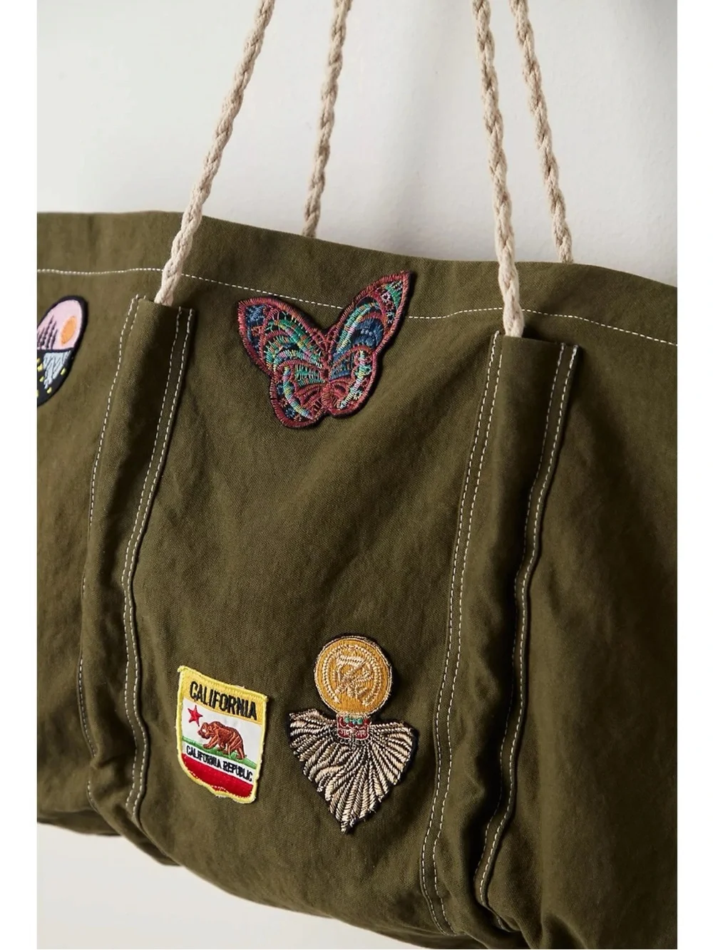 Free People Oversized Bohemian Been There Badge Tote Bag  Army Green NWT Patches
